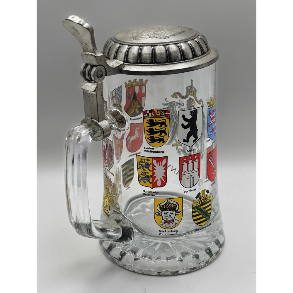 Old Germany Glass Beer Stein 95% Zinn Pewter Lid German State Coats of Arms 0.5L
